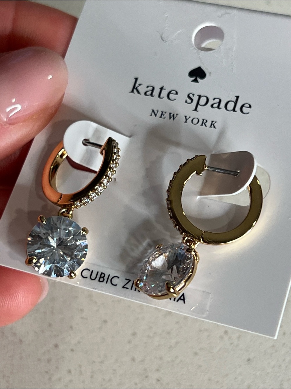 NWT kate spade gold-tone hoop earrings with clear zirconia drops